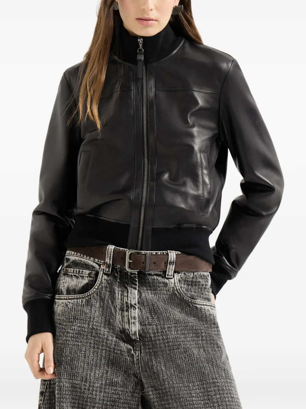 Brunello Cucinelli Nappa leren jack met Monili Zwart