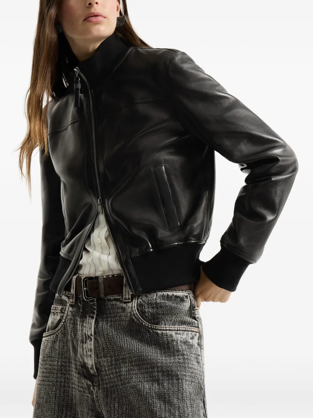 Brunello Cucinelli Nappa leren jack met Monili Zwart