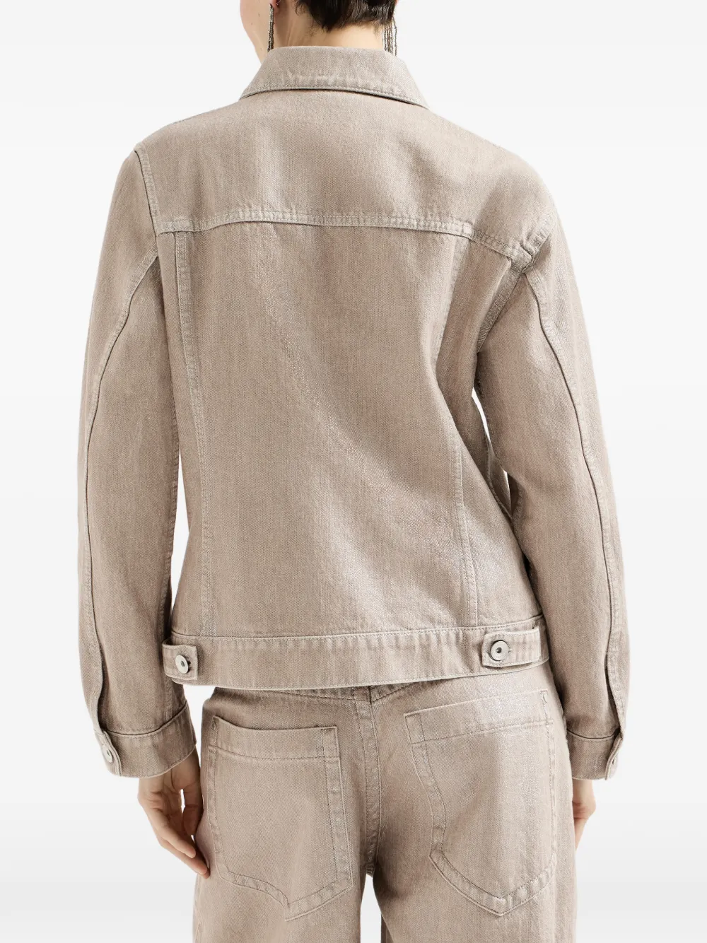 Brunello Cucinelli Beige lamé-denim jack met vier zakken en monili