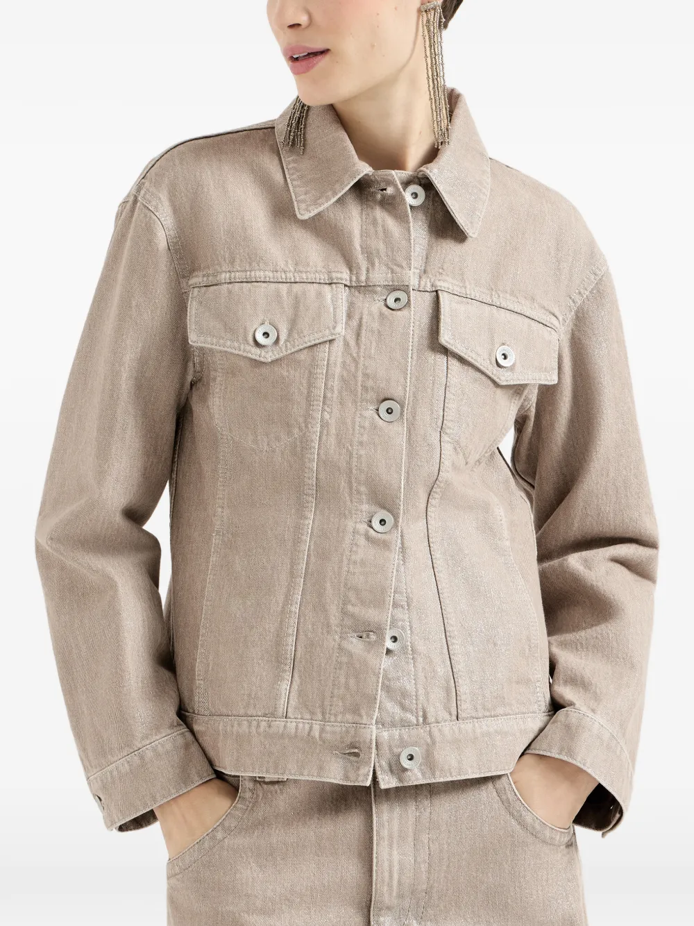 Brunello Cucinelli Beige lamé-denim jack met vier zakken en monili