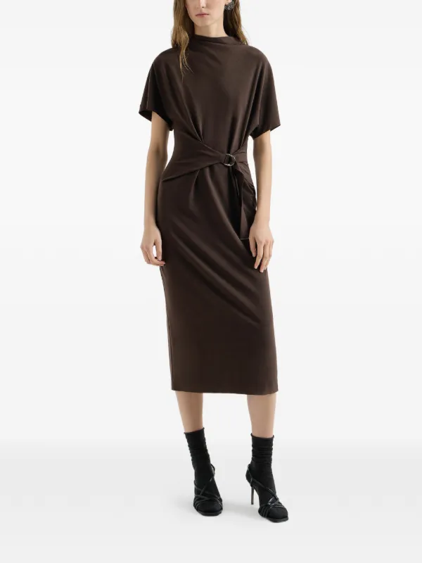 Brunello Cucinelli Techno Wool Jersey Wrap Belt Dress With Monili | Brown