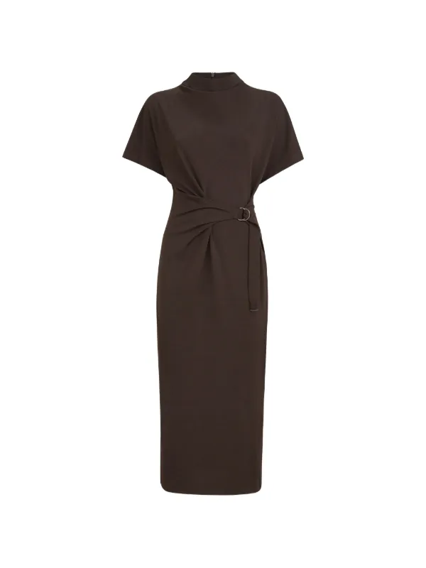 Brunello Cucinelli Women's Techno Wool Jersey Wrap Belt Dress with Monili - Coffee