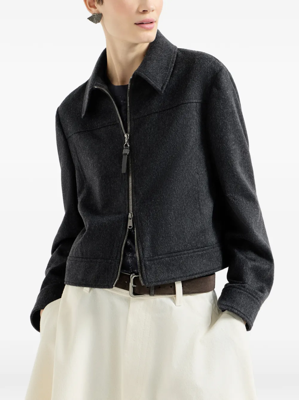 Brunello Cucinelli Wollen flanellen jack met rits Grijs