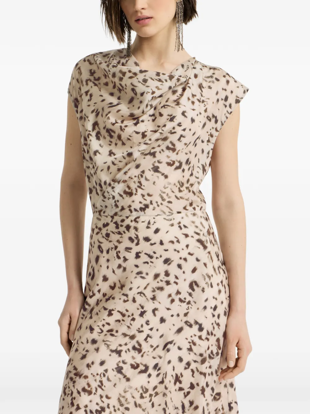 Brunello Cucinelli Zijden gedrapeerde jurk met lynx-print en Monili Beige