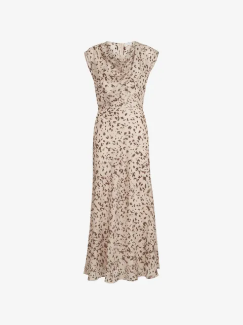 Brunello Cucinelli vestido largo de seda drapeado con estampado de lince y detalle Monili