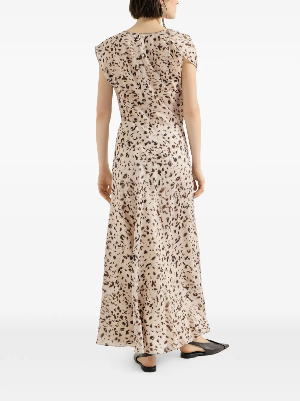Brunello Cucinelli Zijden gedrapeerde jurk met lynx-print en Monili Beige