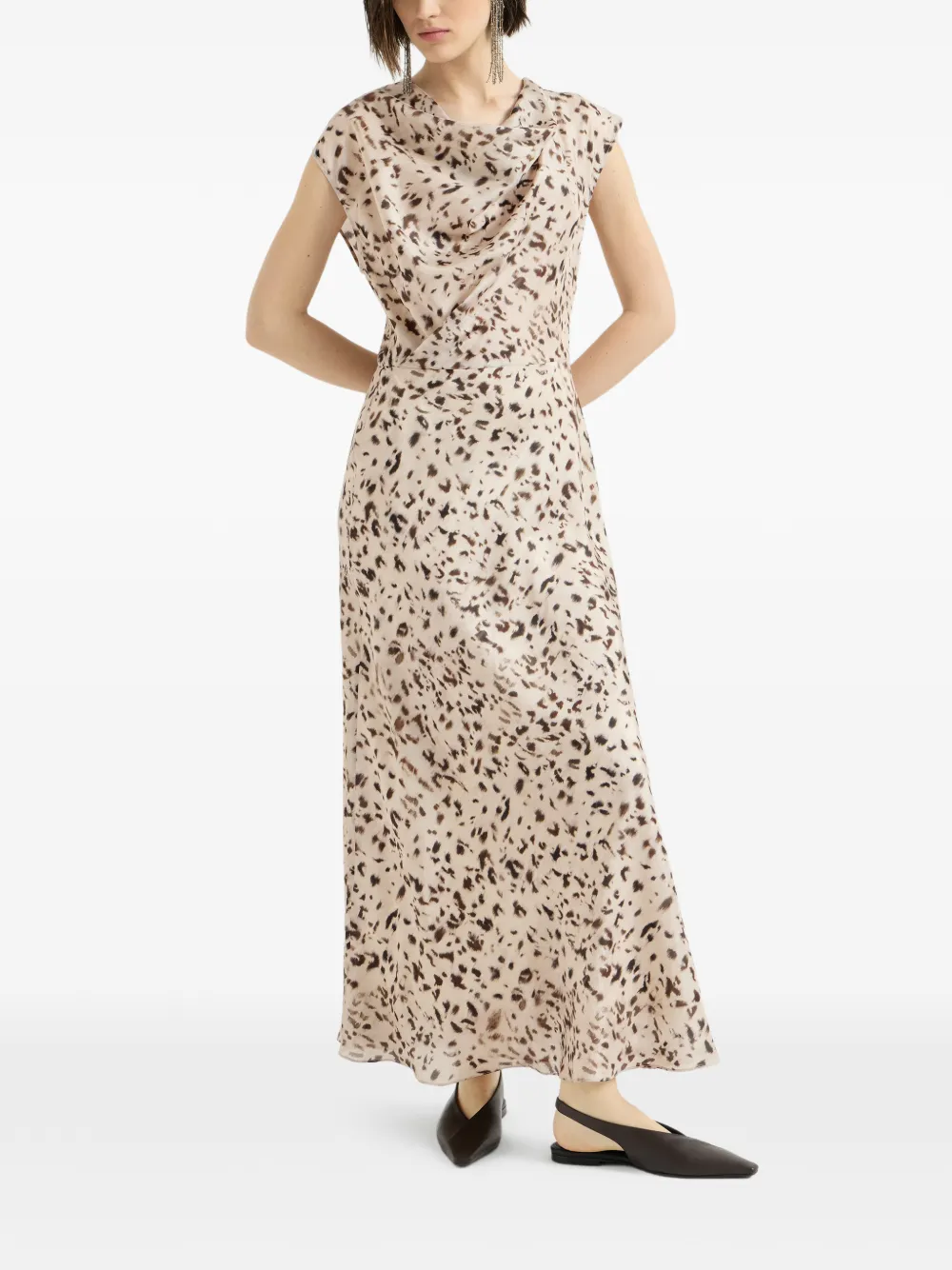 Brunello Cucinelli Zijden gedrapeerde jurk met lynx-print en Monili Beige
