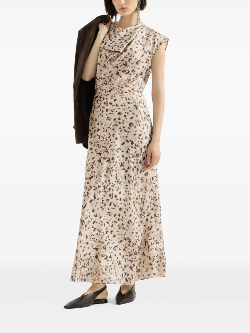 Brunello Cucinelli Zijden gedrapeerde jurk met lynx-print en Monili Beige