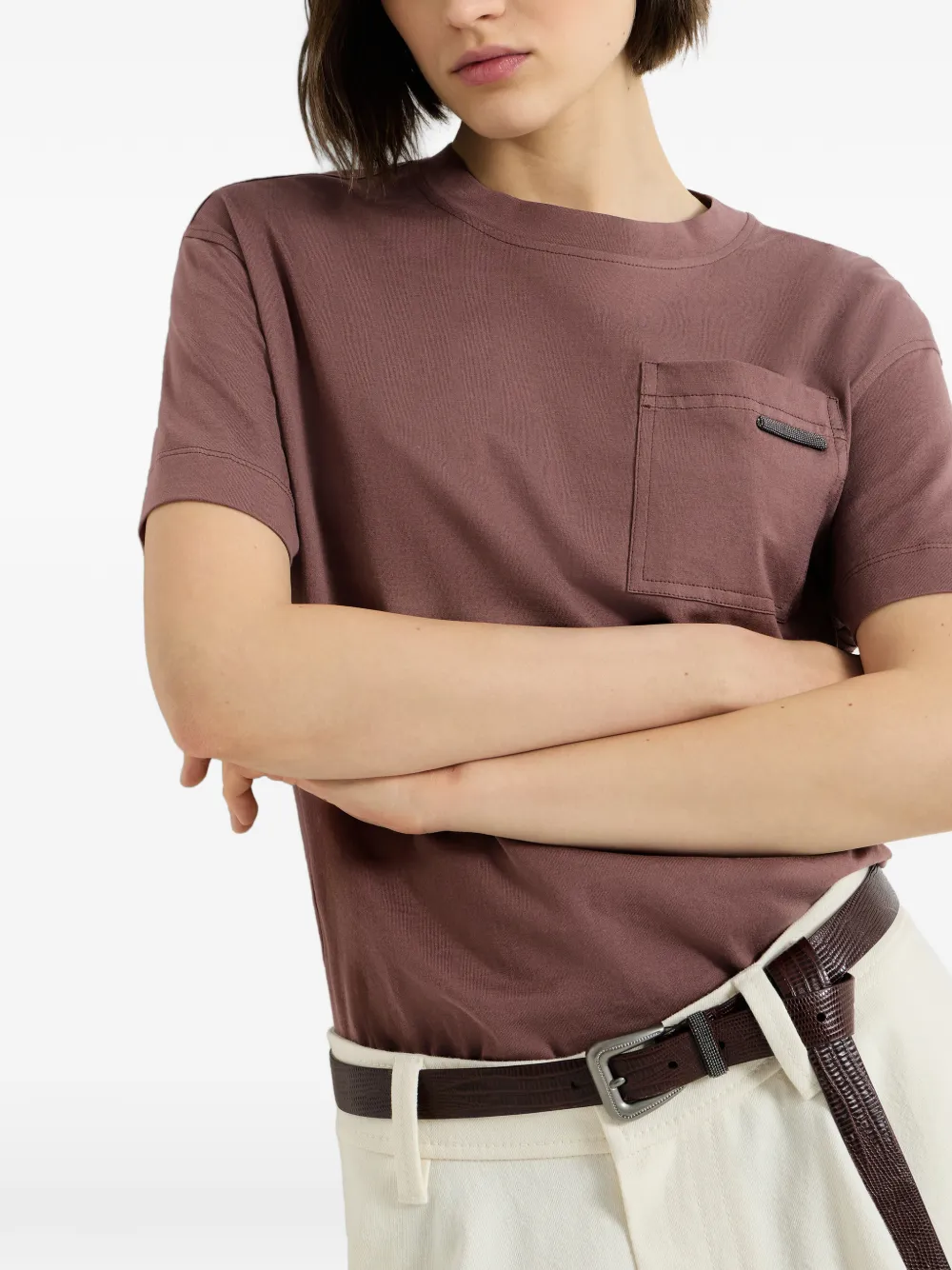 Brunello Cucinelli T-shirt van katoen-jersey met glanzende lus Bruin