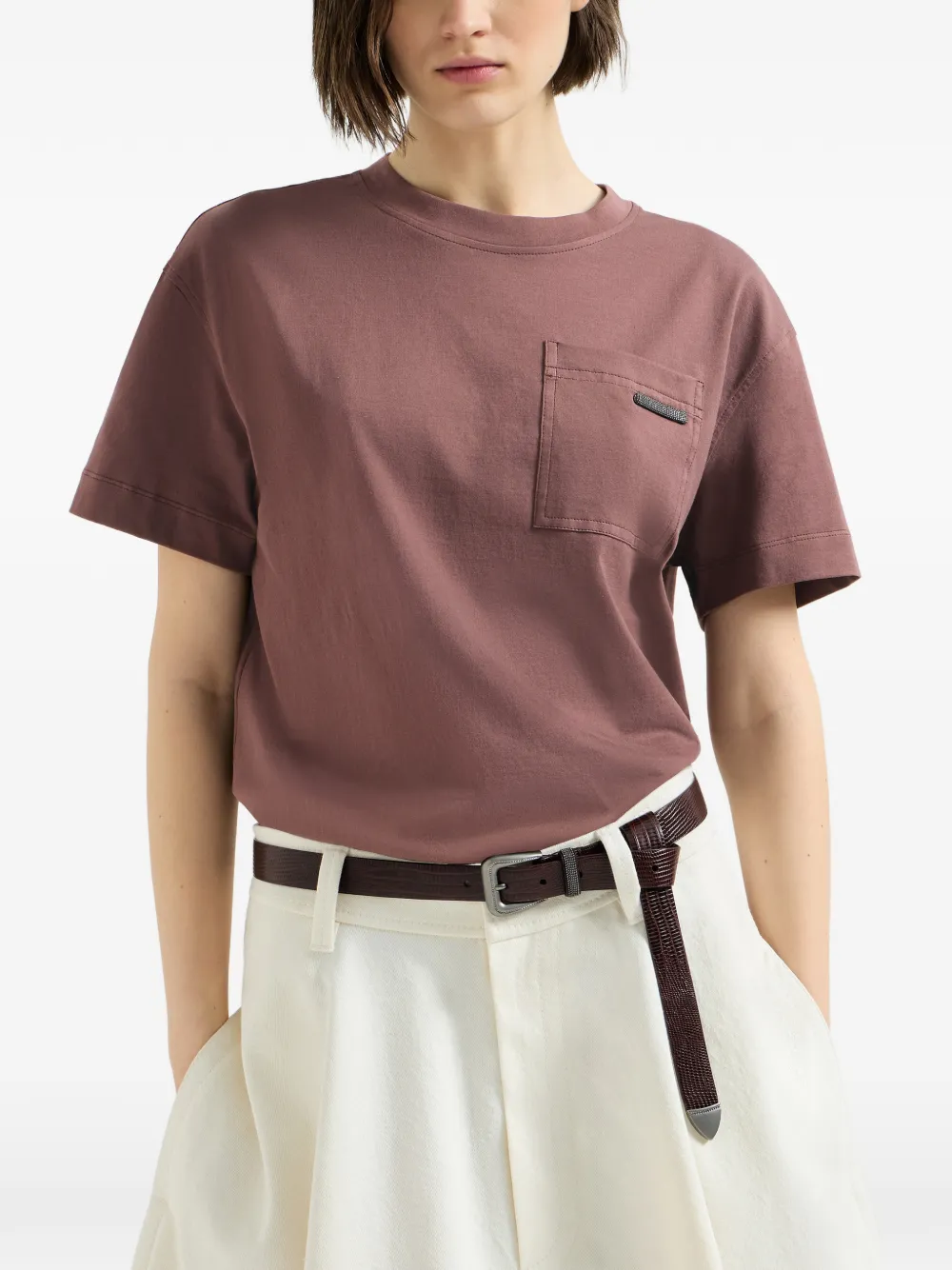 Brunello Cucinelli T-shirt van katoen-jersey met glanzende lus Bruin
