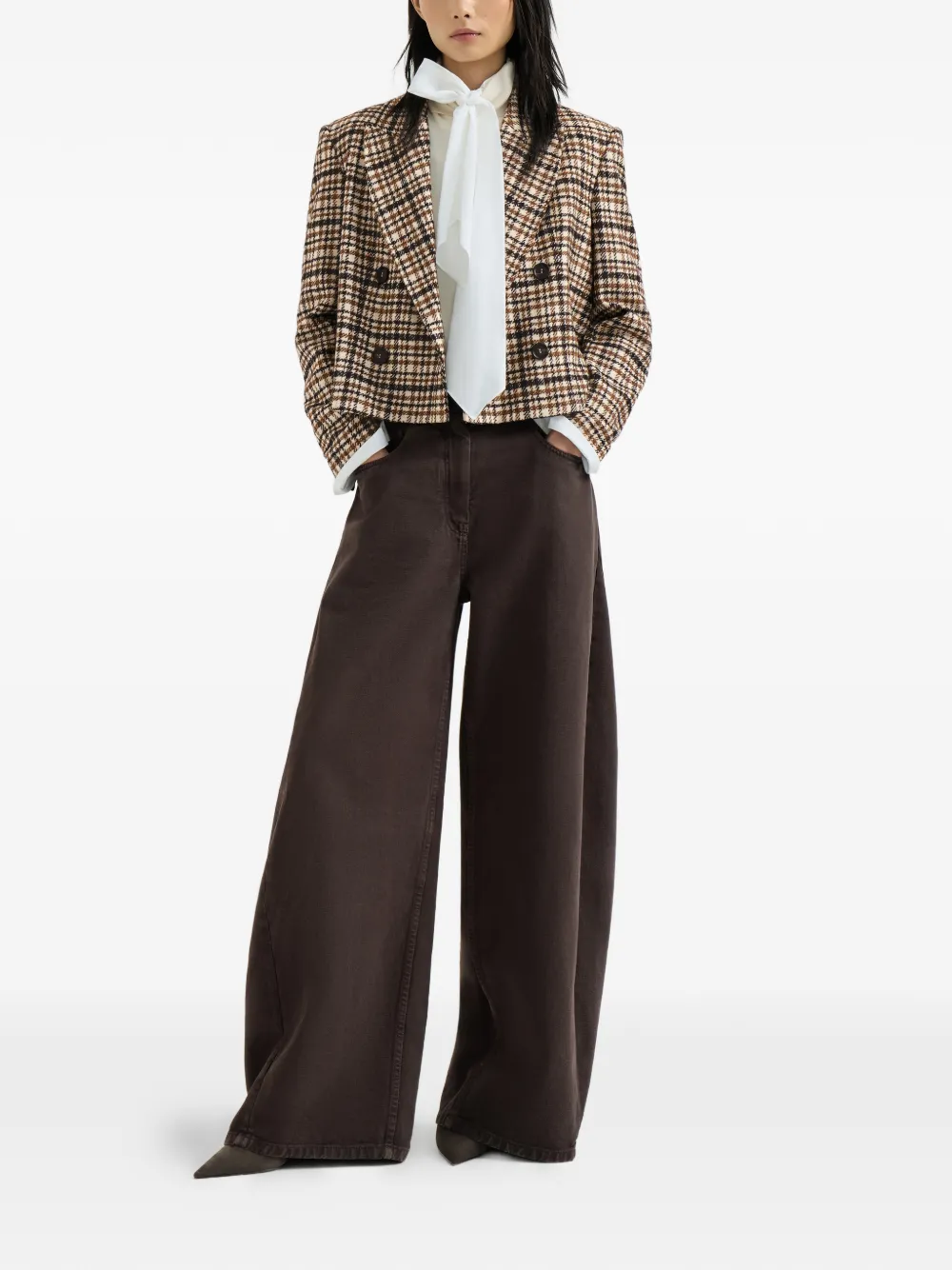 Brunello Cucinelli Geruite wollen en alpaca blazer met monili Beige