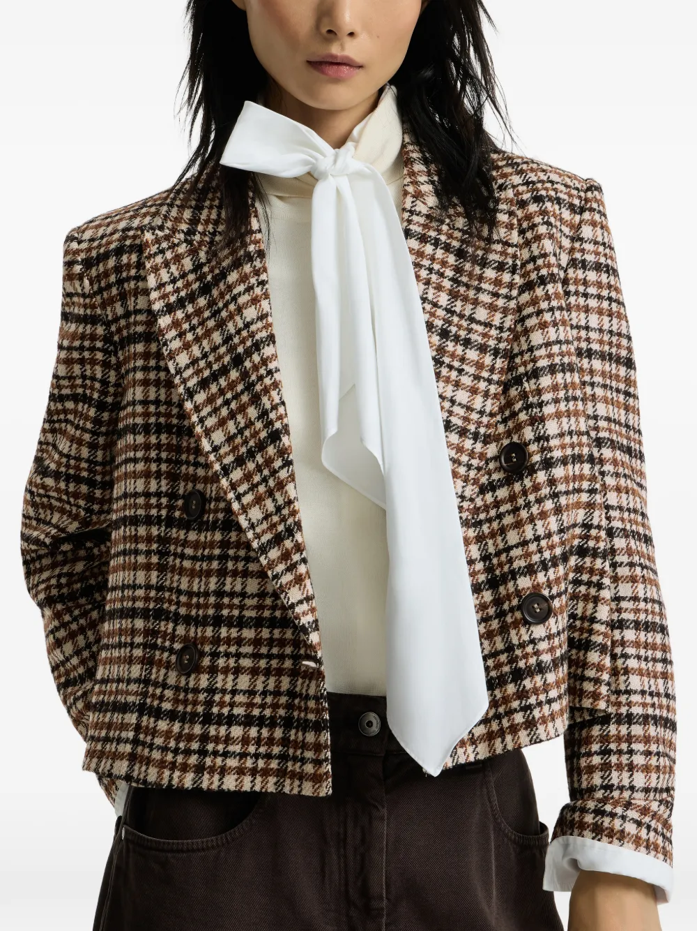 Brunello Cucinelli Geruite wollen en alpaca blazer met monili Beige