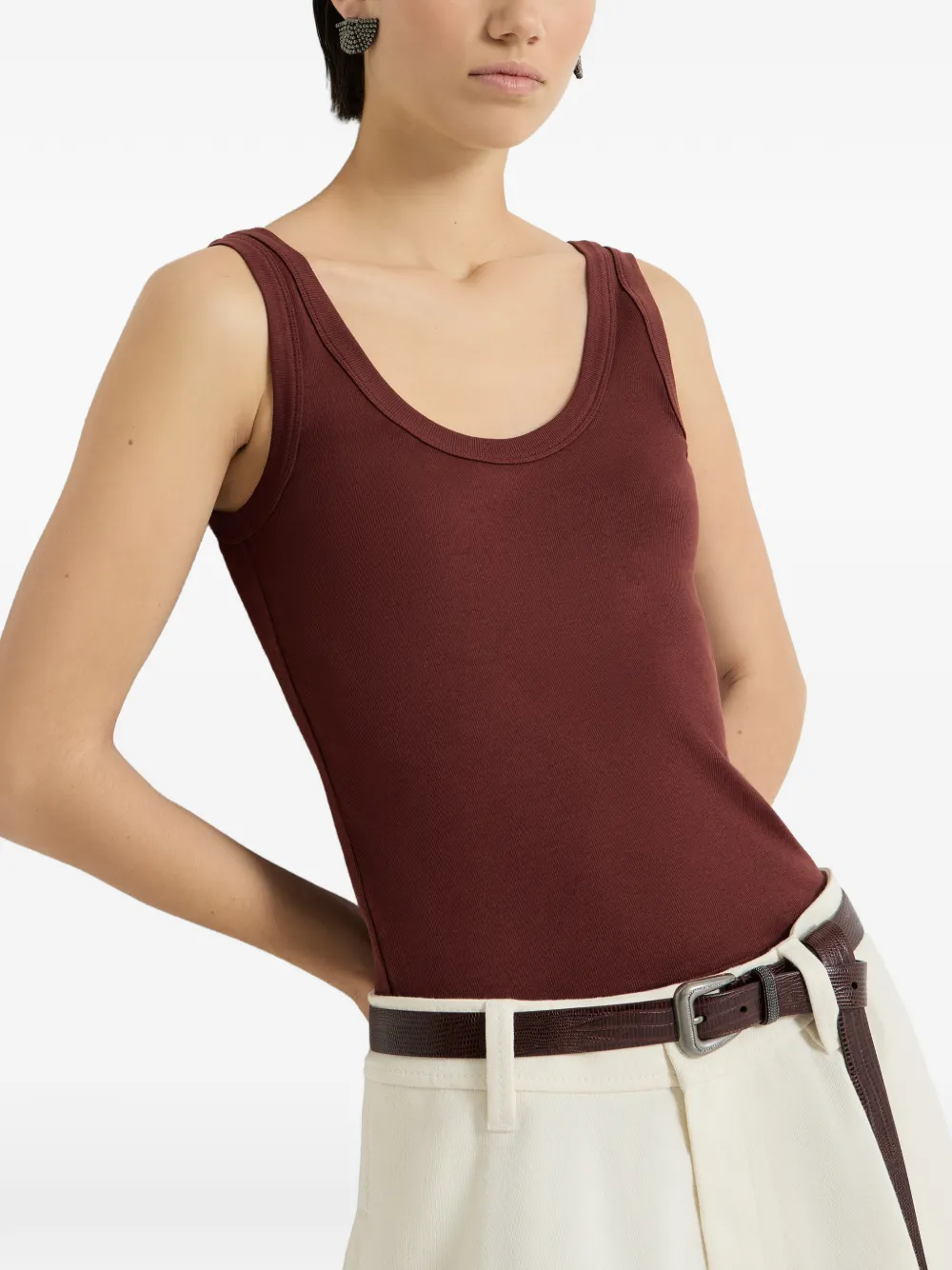 Brunello Cucinelli Stretch katoenen geribbelde jersey top met monili-verfraaiing Rood