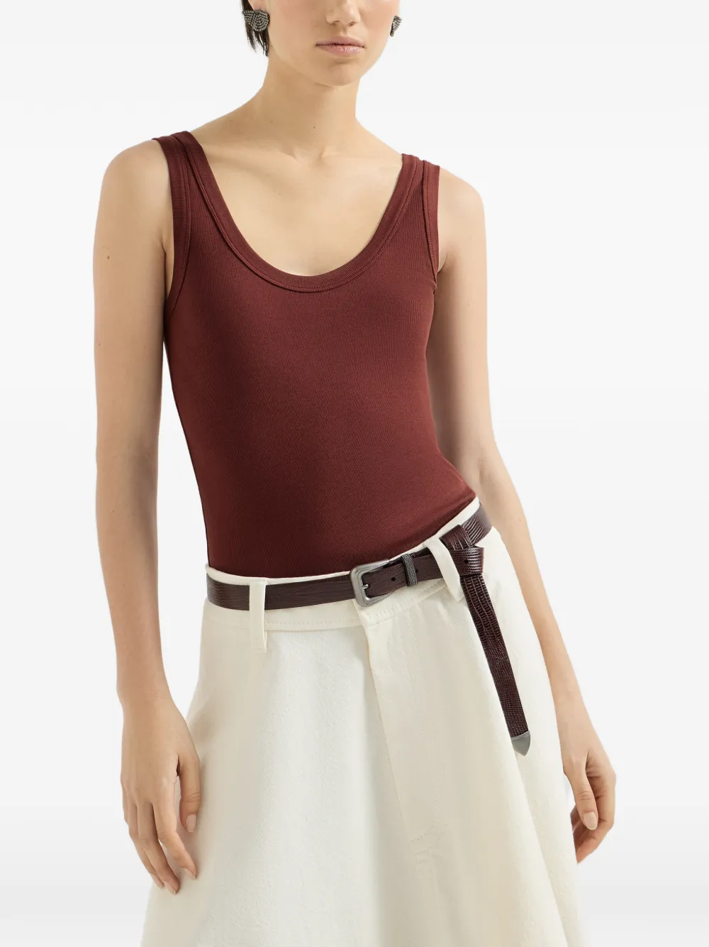 Brunello Cucinelli Stretch katoenen geribbelde jersey top met monili-verfraaiing Rood