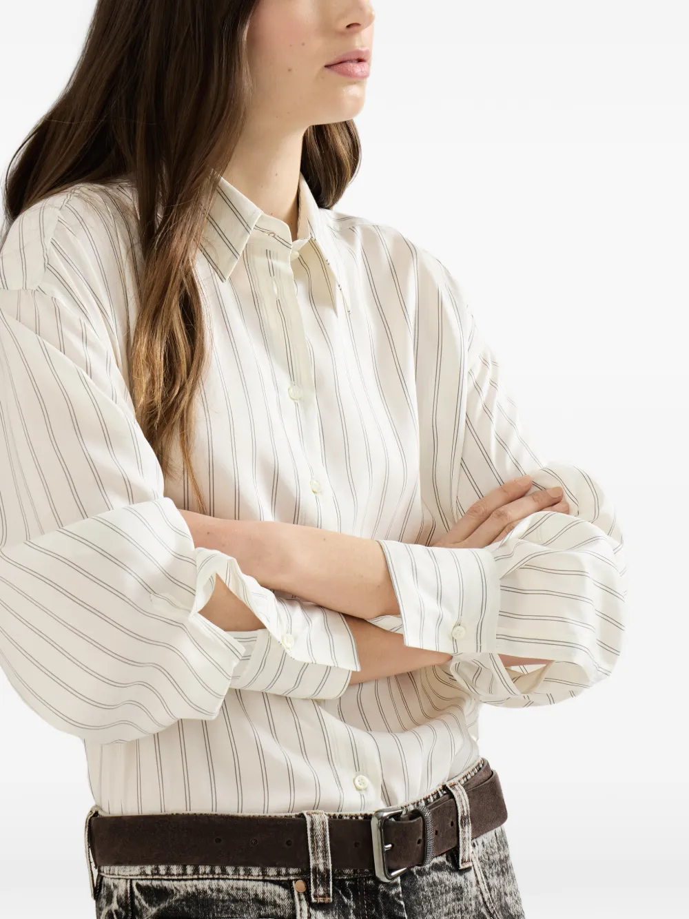 Brunello Cucinelli Gestreept zijden popeline blouse met Monili Geel