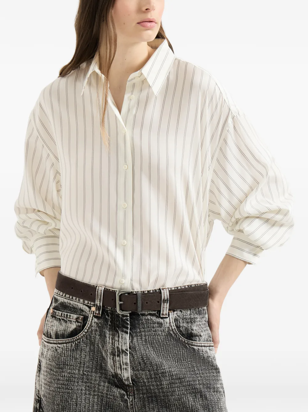 Brunello Cucinelli Gestreept zijden popeline blouse met Monili Geel