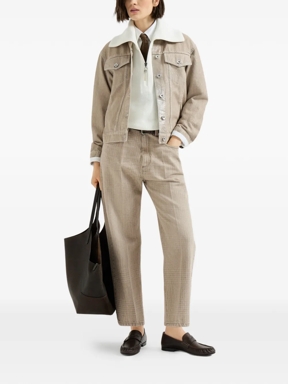 Brunello Cucinelli Prince of Wales denim broek met Monili Beige