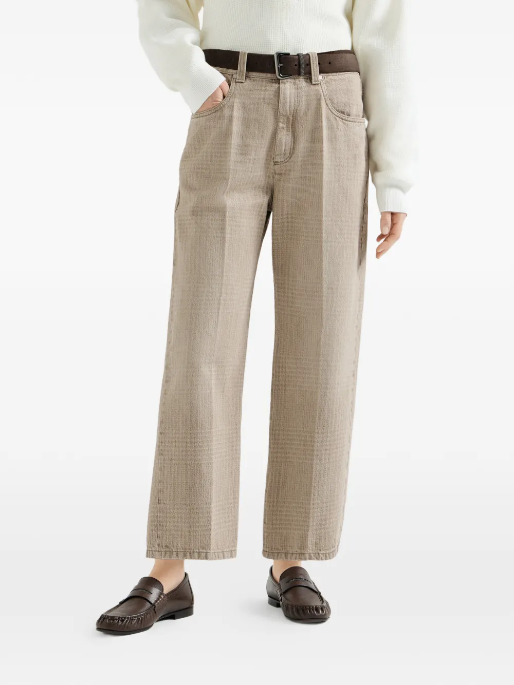 Brunello Cucinelli Prince of Wales denim broek met Monili Beige