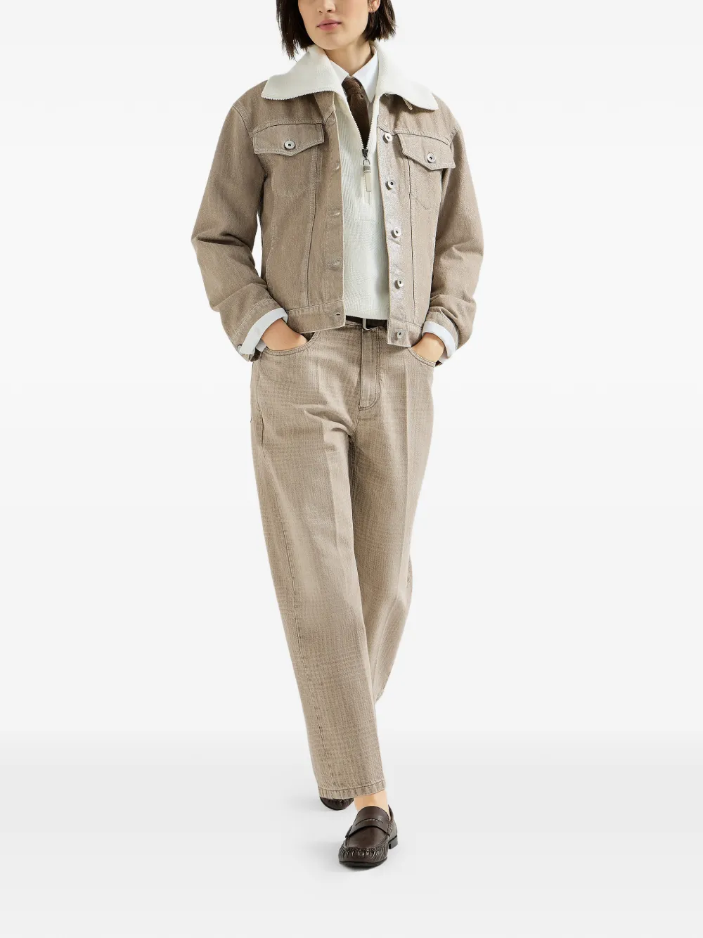 Brunello Cucinelli Prince of Wales denim broek met Monili Beige