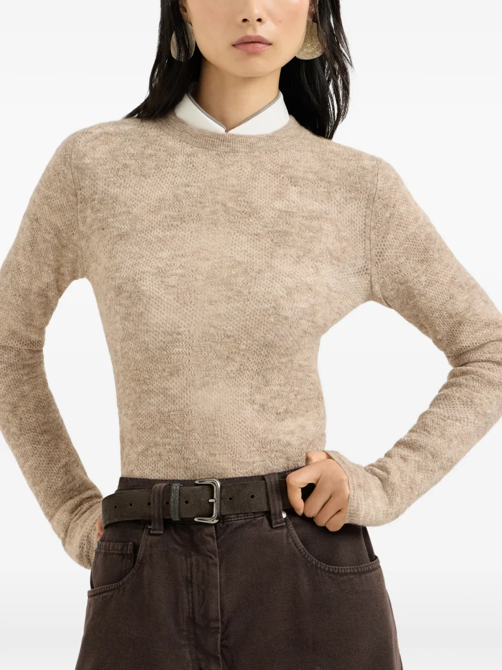 Brunello Cucinelli Zijde alpaca en wollen trui met bloemenkant Beige