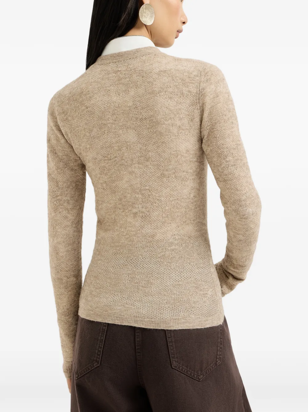 Brunello Cucinelli Zijde alpaca en wollen trui met bloemenkant Beige