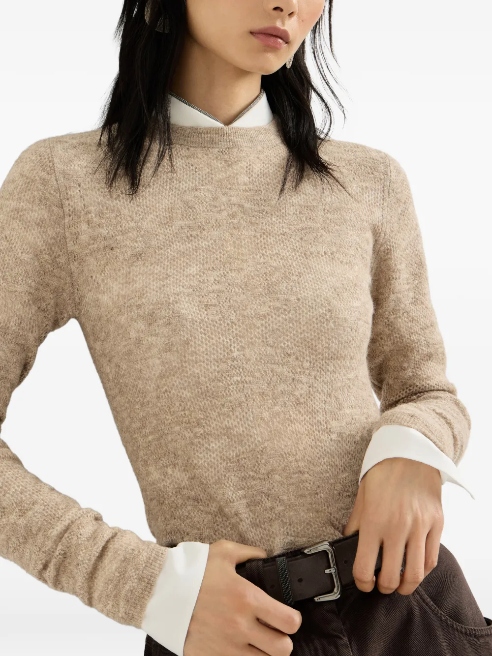 Brunello Cucinelli Zijde alpaca en wollen trui met bloemenkant Beige