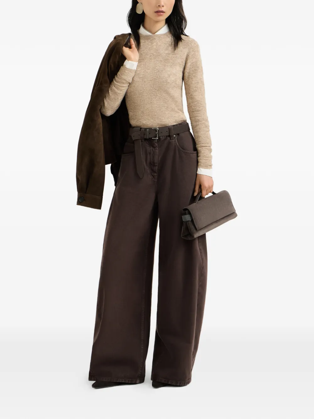Brunello Cucinelli Zijde alpaca en wollen trui met bloemenkant Beige