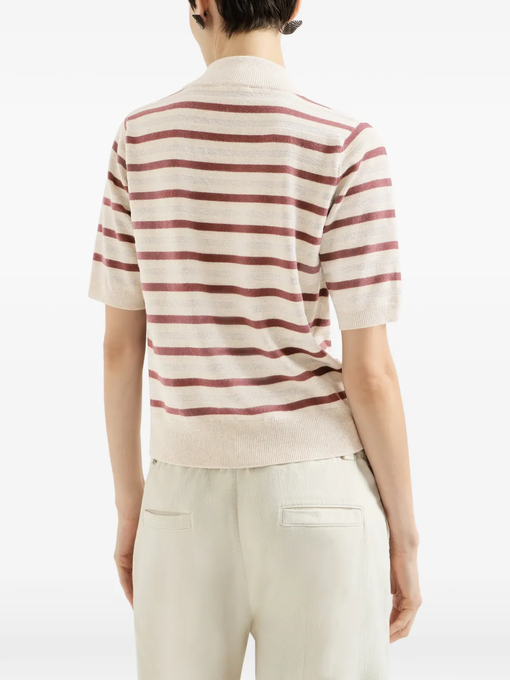 Brunello Cucinelli T-shirt van scheerwol kasjmier en zijde met strepen Beige