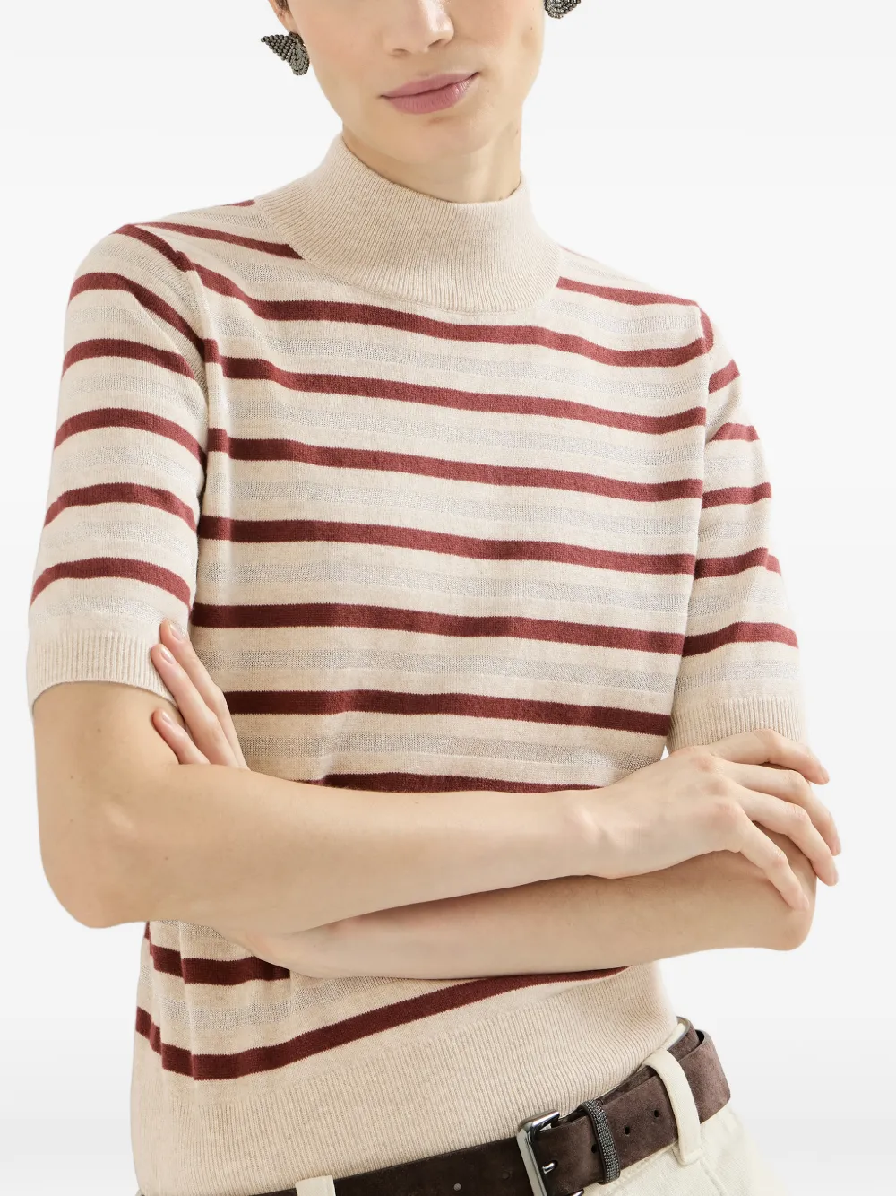Brunello Cucinelli T-shirt van scheerwol kasjmier en zijde met strepen Beige