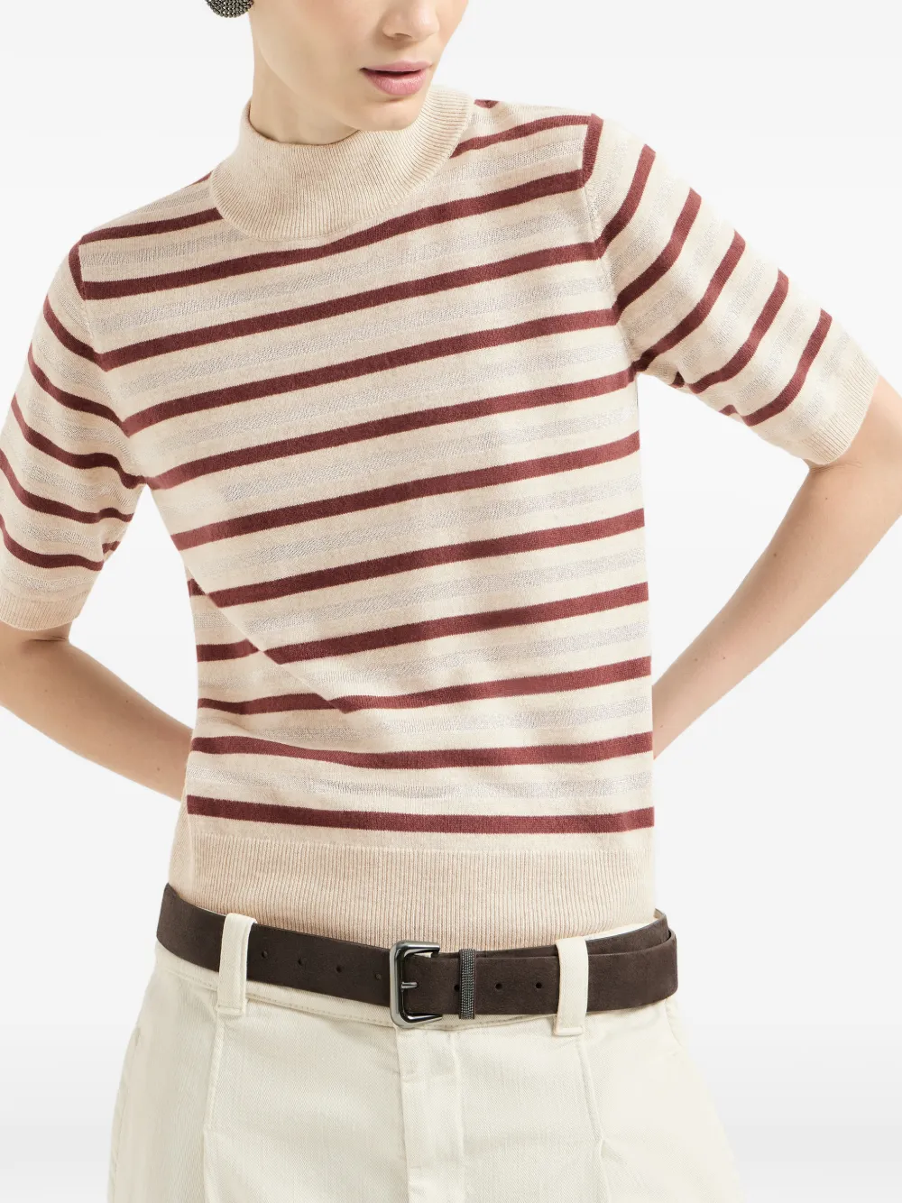 Brunello Cucinelli T-shirt van scheerwol kasjmier en zijde met strepen Beige