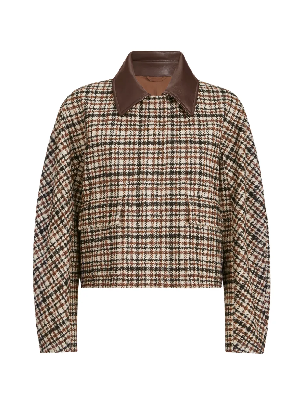 Brunello Cucinelli Bequeme Outerwear-Jacke aus karierter Wolle und Alpaka mit Lederkragen und Monili-Verzierung - Nude