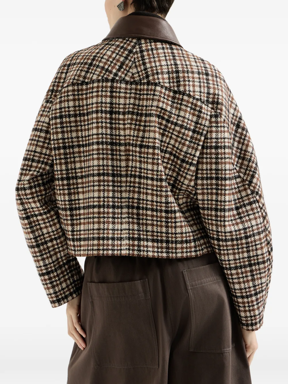 Brunello Cucinelli Geruite wollen en alpaca jack met leren kraag en monili Beige