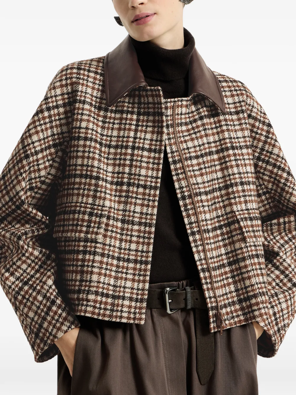 Brunello Cucinelli Geruite wollen en alpaca jack met leren kraag en monili Beige