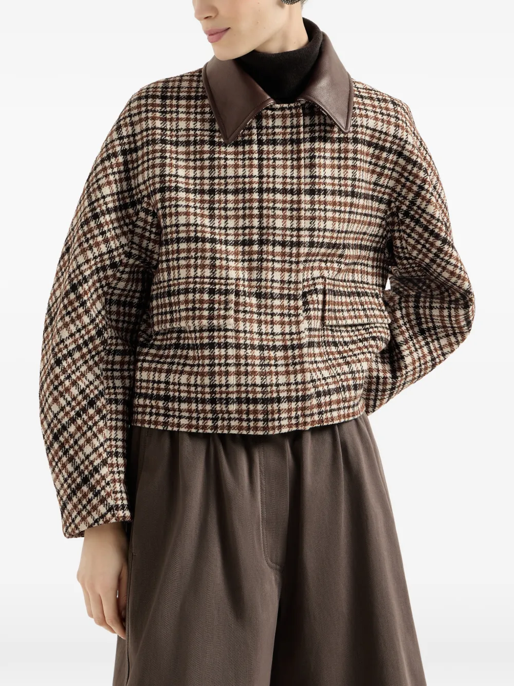 Brunello Cucinelli Geruite wollen en alpaca jack met leren kraag en monili Beige