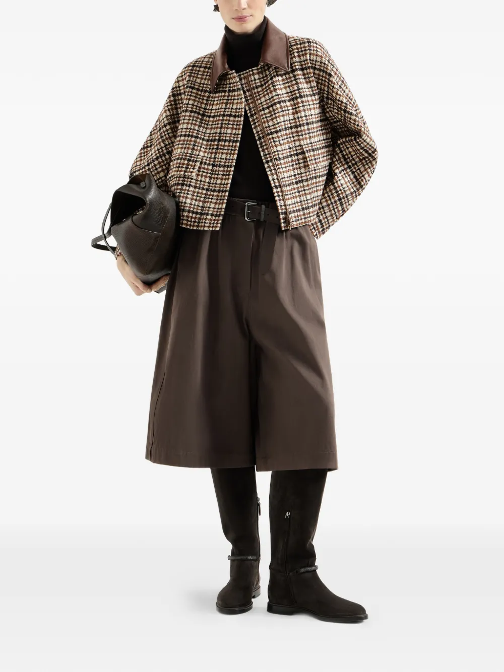 Brunello Cucinelli Geruite wollen en alpaca jack met leren kraag en monili Beige