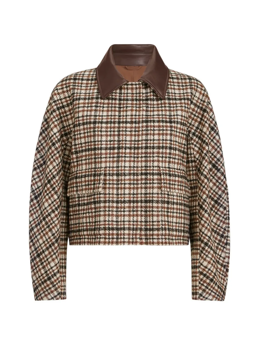 Brunello Cucinelli comfort checked wool and alpaca outerwear jacket with leather-collar and monili - women - Wool/Alpaca/Nylon/Elastane/Silk/Fabr...