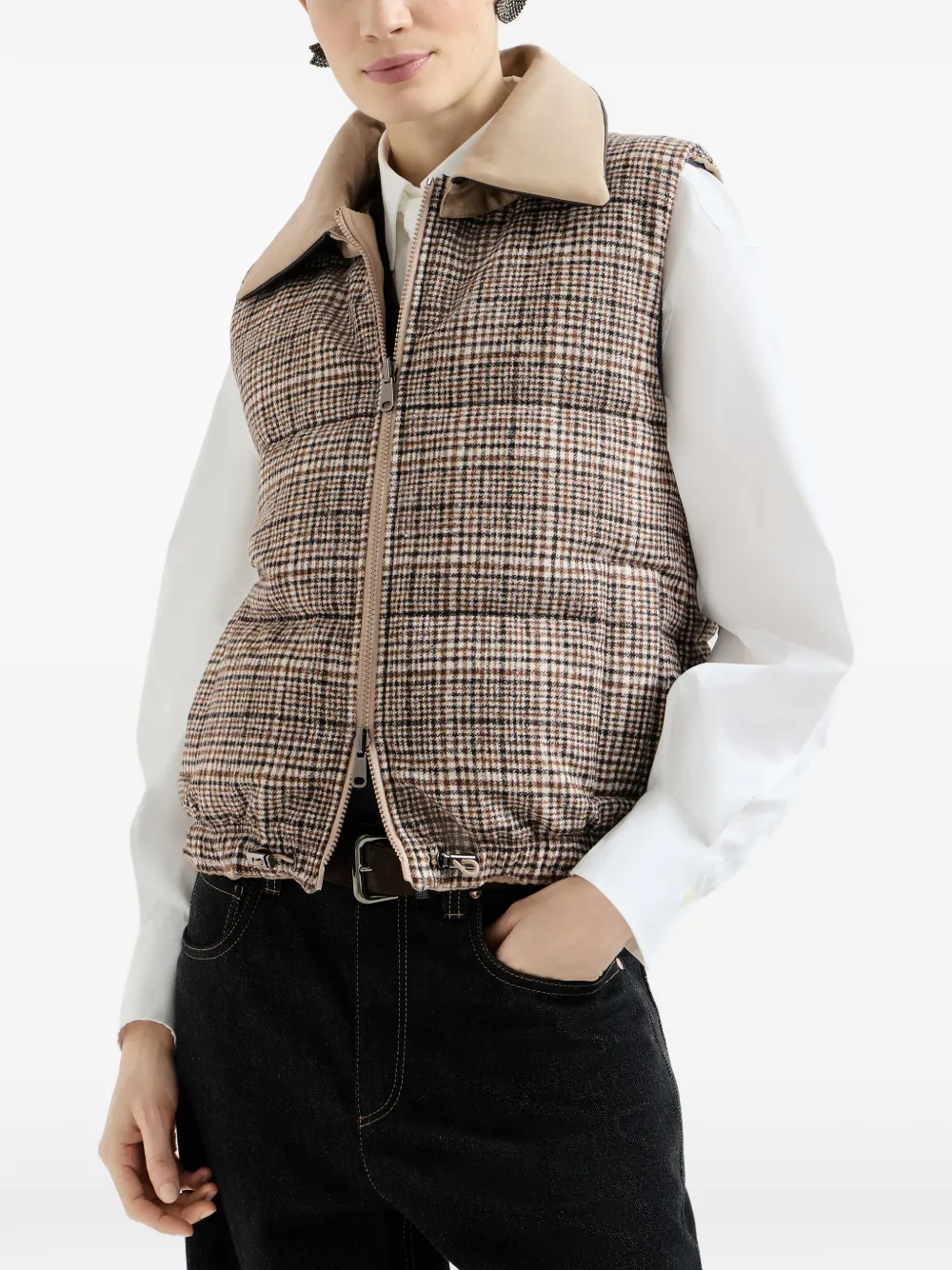 Brunello Cucinelli Twill en Prince-of-Wales omkeerbare bodywarmer met afneembare leren kraag en monili Beige