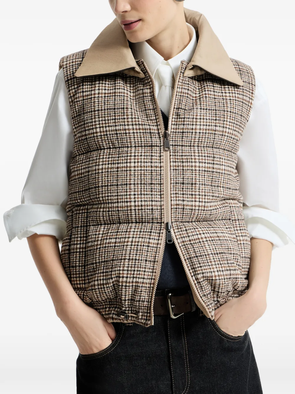 Brunello Cucinelli Twill en Prince-of-Wales omkeerbare bodywarmer met afneembare leren kraag en monili Beige