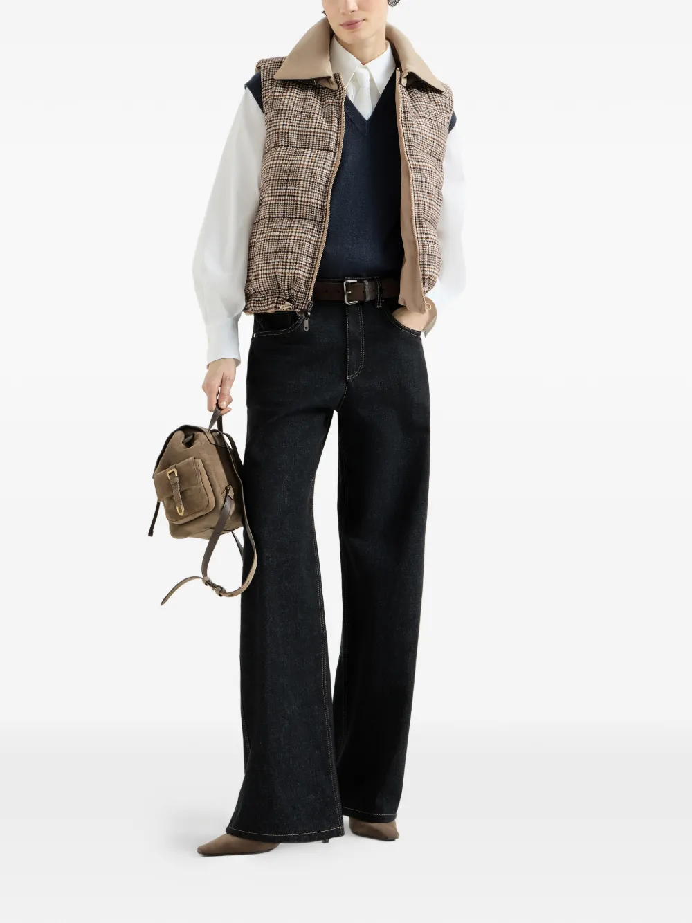 Brunello Cucinelli Twill en Prince-of-Wales omkeerbare bodywarmer met afneembare leren kraag en monili Beige