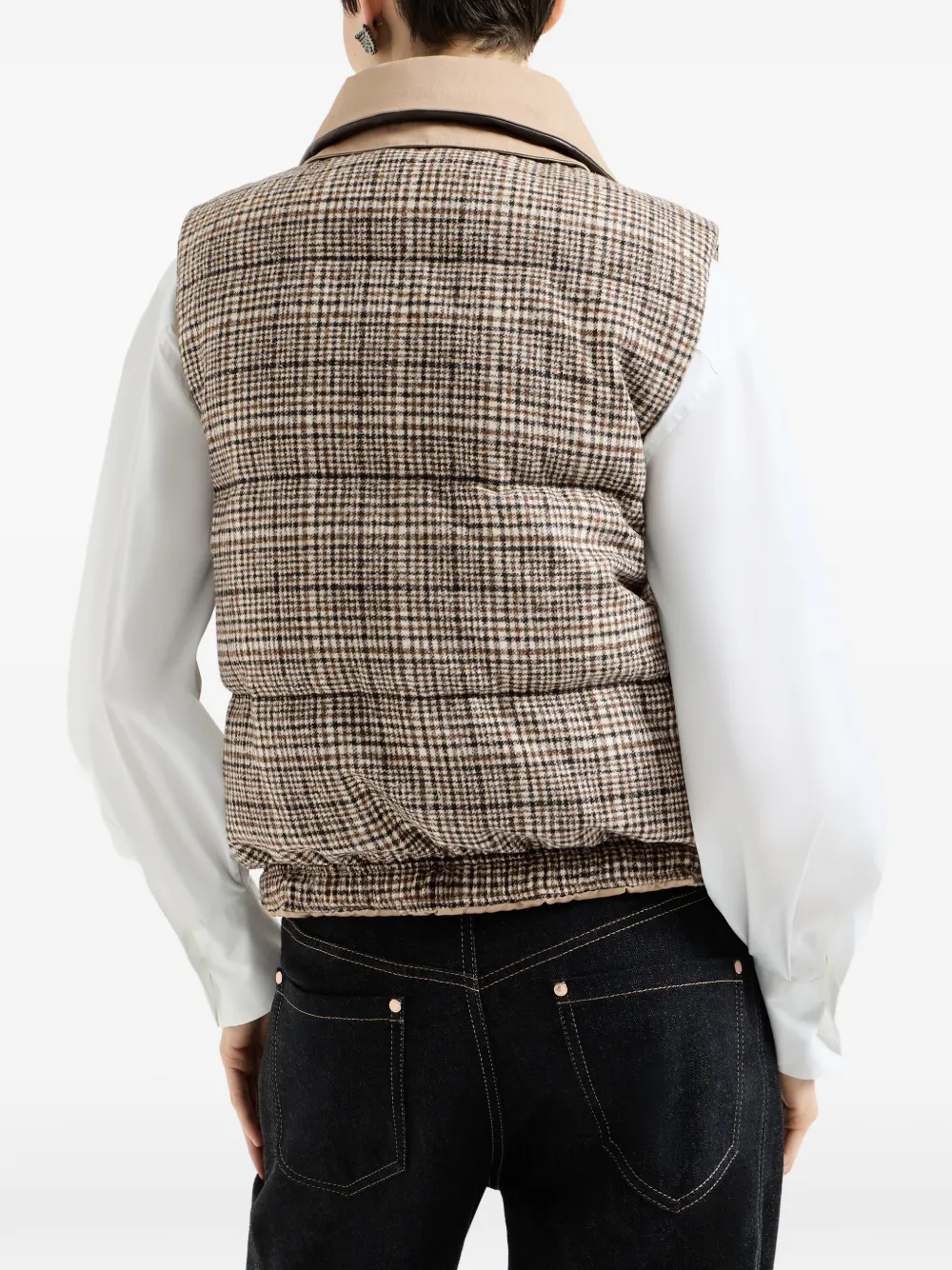 Brunello Cucinelli Twill en Prince-of-Wales omkeerbare bodywarmer met afneembare leren kraag en monili Beige