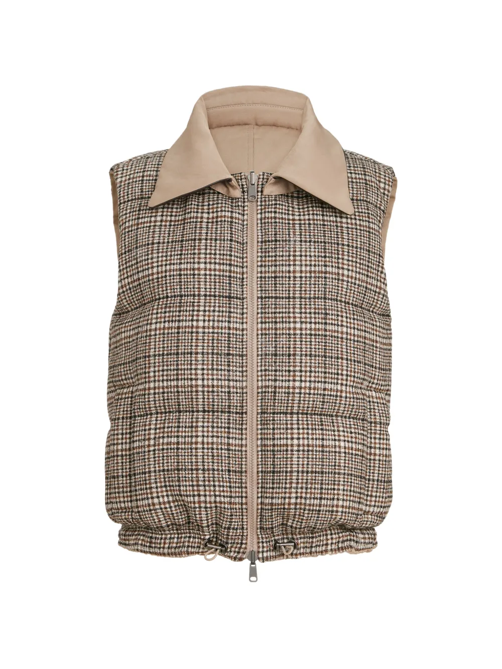 Brunello Cucinelli Gilet reversibile imbottito in twill con motivo Principe di Galles, motivo Monili e colletto rimovibile in pelle - Toni neutri