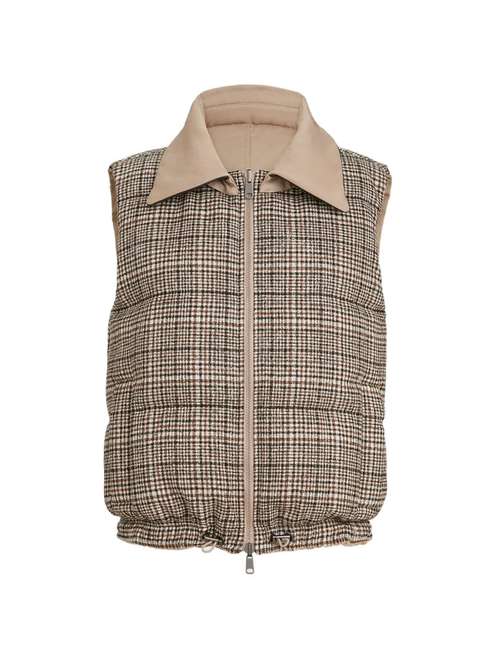 Brunello Cucinelli Wende-Daunenweste aus Twill und Prince-of-Wales mit abnehmbarem Lederkragen und Monili - Nude