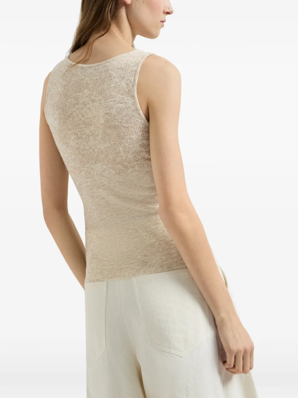 Brunello Cucinelli Gebreide top met bloemenkant van zijde alpaca en wol Beige