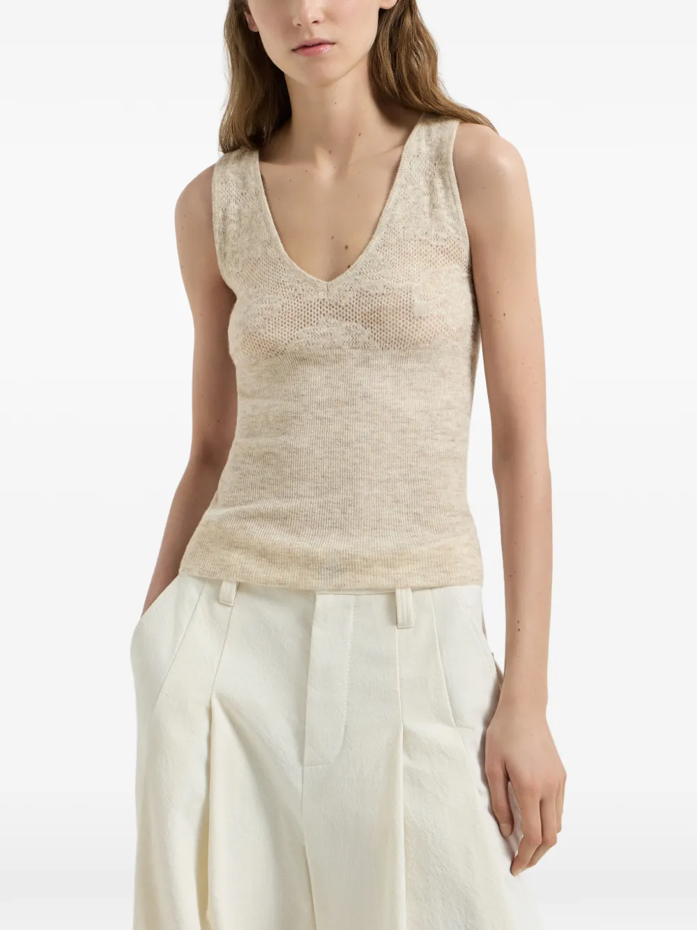 Brunello Cucinelli Gebreide top met bloemenkant van zijde alpaca en wol Beige