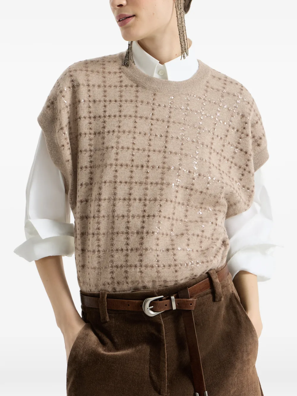 Brunello Cucinelli Kasjmier gebreid T-shirt met borduurwerk Beige