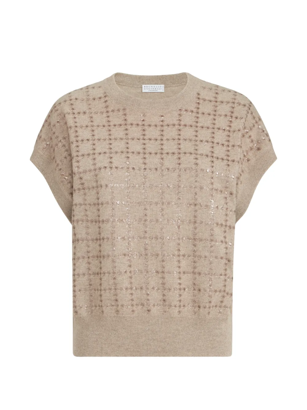 Brunello Cucinelli Kaschmir-Top mit funkelnder Windowpane-Stickerei - Nude