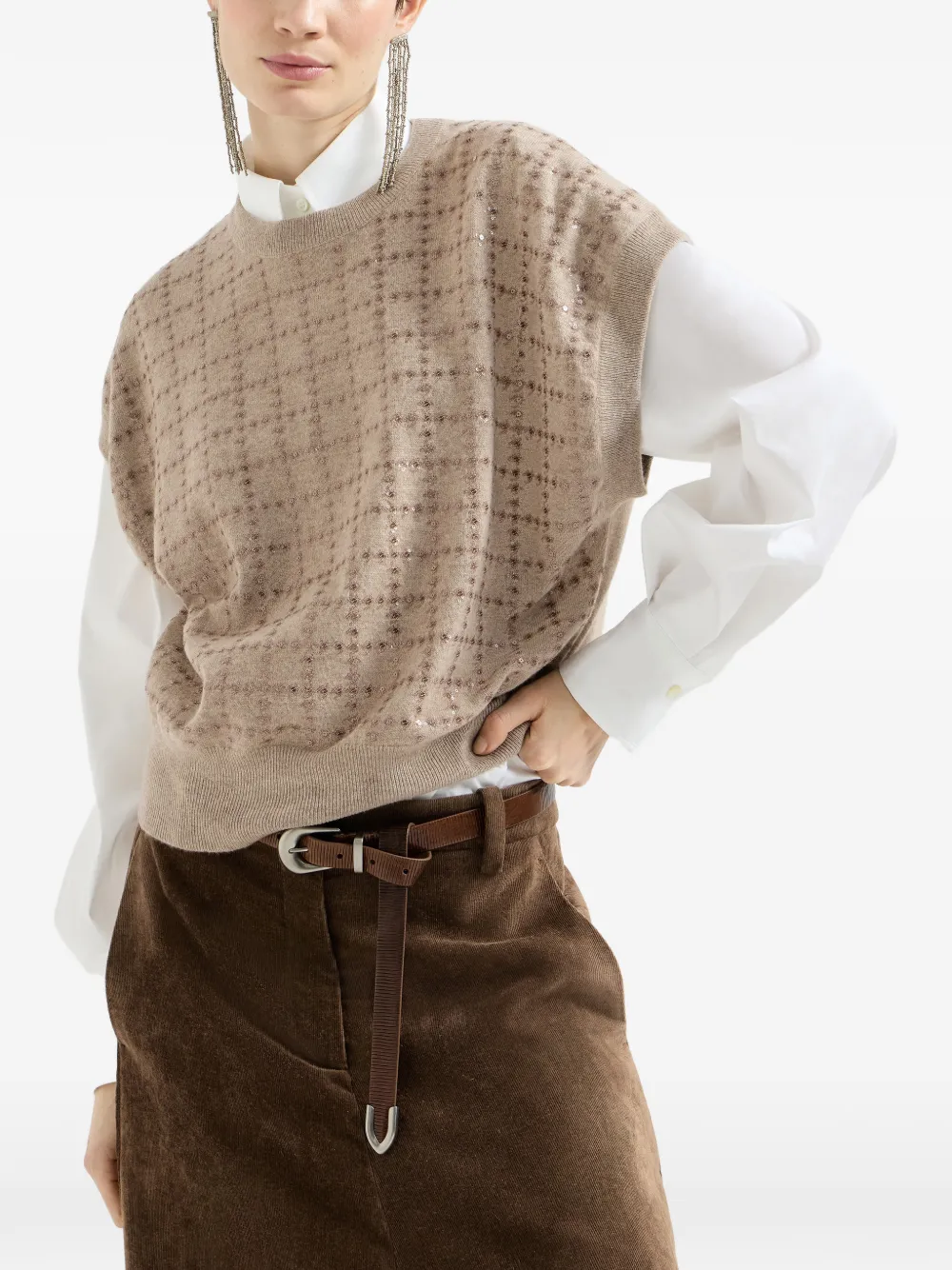 Brunello Cucinelli Kasjmier gebreid T-shirt met borduurwerk Beige