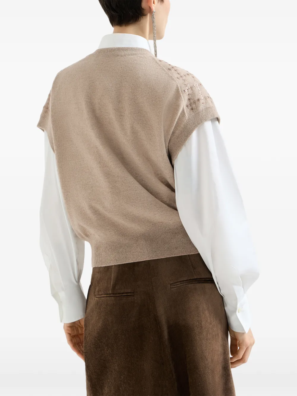 Brunello Cucinelli Kasjmier gebreid T-shirt met borduurwerk Beige