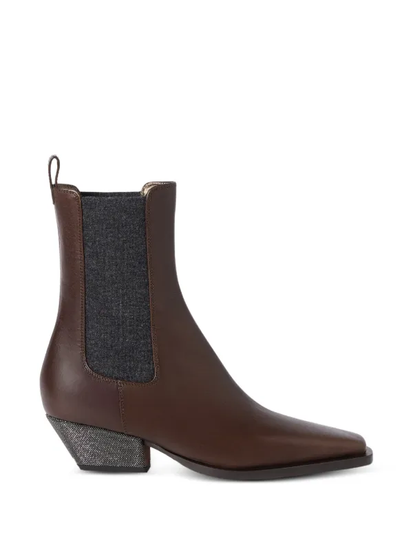 Brunello Cucinelli Leather Chelsea Boots with Monili Heels in Brown