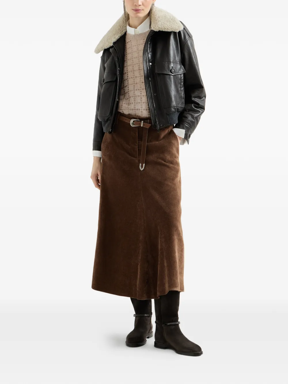 Brunello Cucinelli Ribfluwelen rok met Monili Bruin